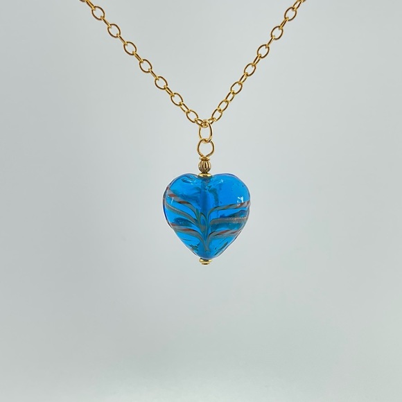 Blue Lamp Work Heart Pendant Necklace, Artisan Lamp Work Heart, Murano Italy - Picture 7 of 10
